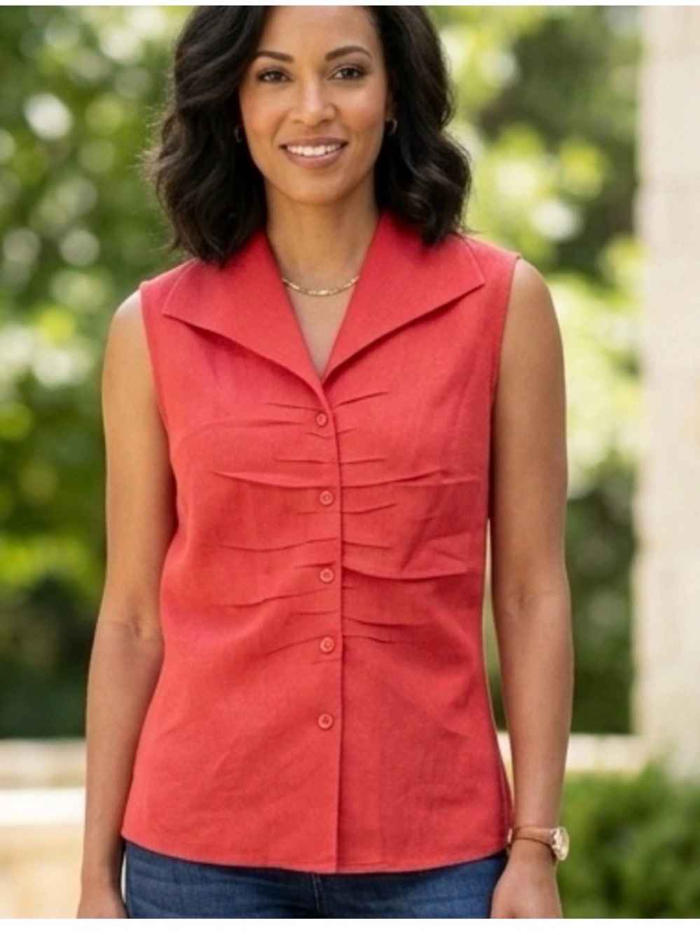 Andre Oliver Terracotta Sleeveless Collared Button-Up Linen Blend Vest Blouse 10